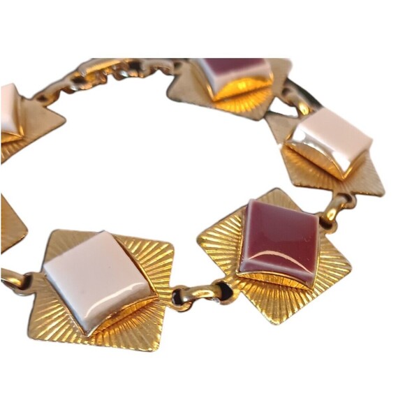 Vintage Goldtone Geometric Tile Bracelet White & Reddish Brown Tiles 7" x .5" - Picture 3 of 6